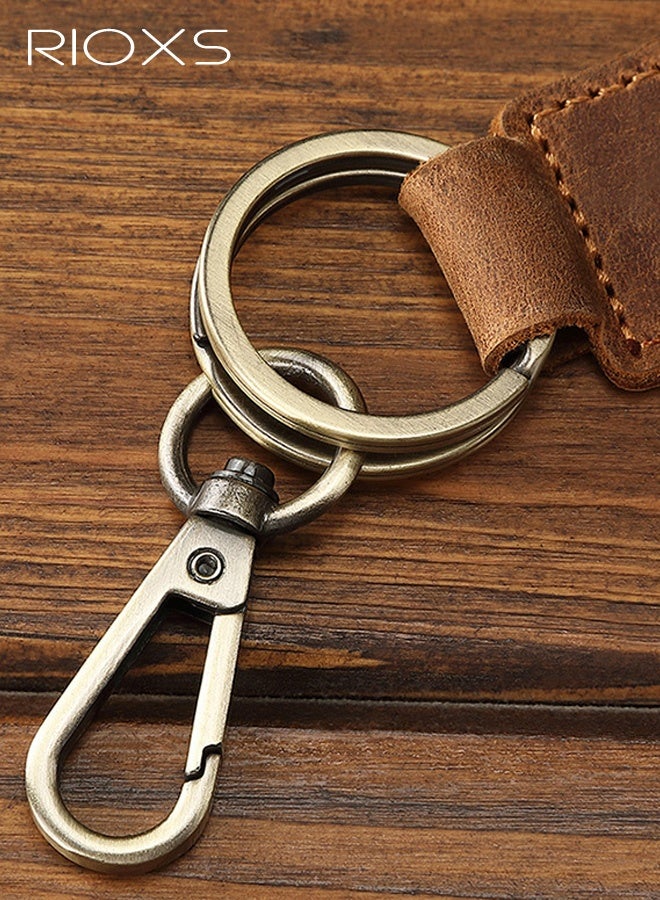 ريوكس سلسلة مفاتيح فاخرة مصنوعة يدويًا من الجلد الأصلي للرجال والنساء، حامل مفاتيح سيارة بمظهر عتيق، مصنوع من جلد البقر عالي الجودة مع قطع معدنية متينة، إكسسوار يومي على الطراز القديم، لون بني - Image 5